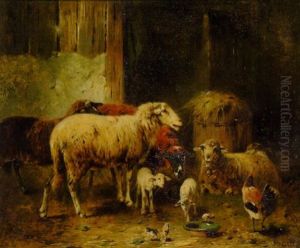 Schafe, Lammer, Huhn Und Kuken Im Stall