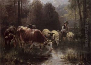 Huterbub Mit Vieh An Der Tranke Des Waldweihers by Otto Friedrich Gebler