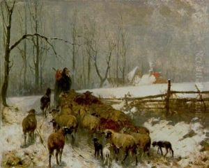 Schafer Mit Seiner Herde In Winterlandschaft Schafer Mit Seiner Herde In Winterlandschaft