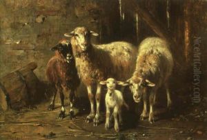Schafe Mit Lamm Im Stall by Otto Friedrich Gebler