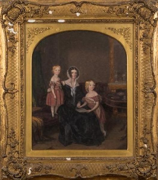 A Mother And Two Children On A Chaise In A Salon Interior - view 1