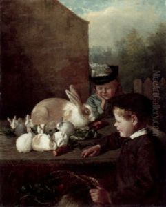 Children Feeding A Family Of Rabbits by William Geddes