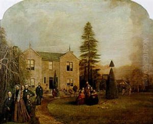Portrait Of A Victorian Family With Others Figures In Conversation Holding A Hobby-horse Bicycle by William Geddes