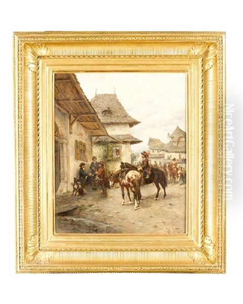 Historical Village Scene With Horses And Curassiers - view 1