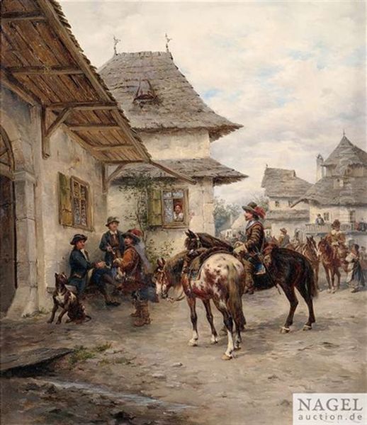Berittene Soldaten Auf Der Dorfstrase - view 1