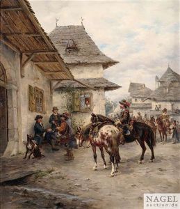 Berittene Soldaten Auf Der Dorfstrase by Ludwig Gedlek