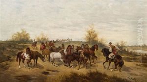 Pferde In Der Ungarischen Puszta by Ludwig Gedlek