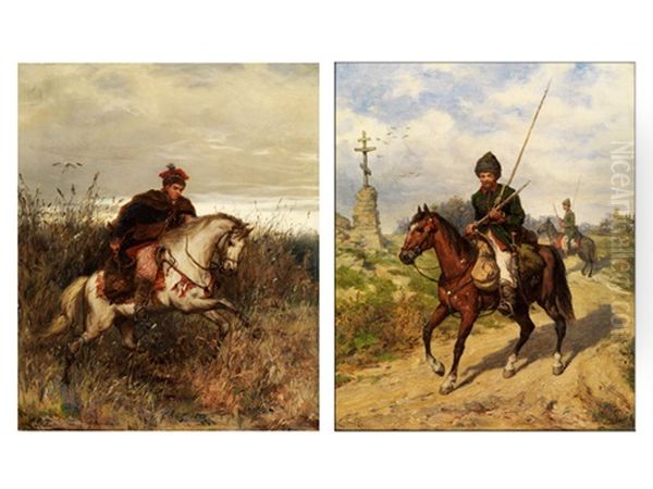 Gemaldepaar: Polnische Und Russische Militarreiter In Landschaft (pair) - view 1
