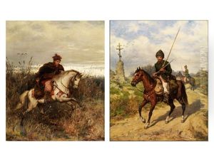 Gemaldepaar: Polnische Und Russische Militarreiter In Landschaft (pair) by Ludwig Gedlek