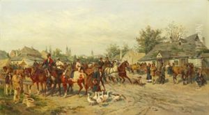 Pa Vag Till Marknaden - I Bakgrunden Staden Krakow, Med Bland Annat Mariakyrkans Torn by Ludwig Gedlek