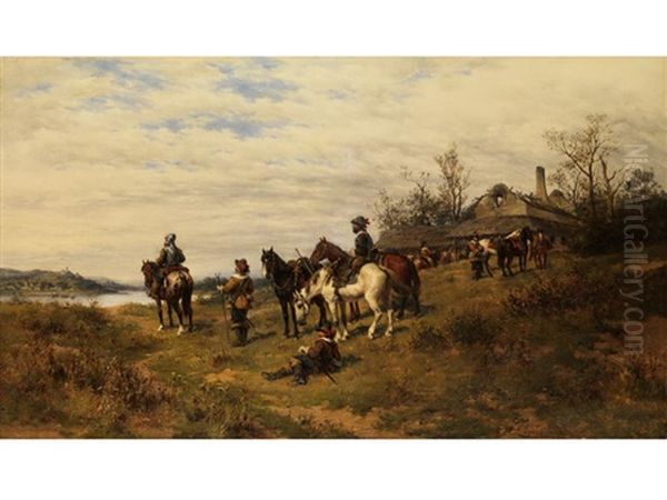 Reiter Bei Der Rast Vor Tiefer Landschaft - view 1