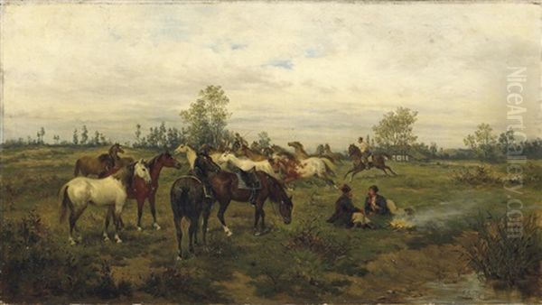 Abend In Der Puszta. Husaren Treiben Eine Herde Pferde An - view 1