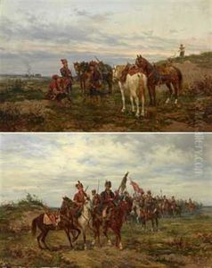 Tre Kosakker Hviler (+ Kosakkhaer, Signed; 2 Works) by Ludwig Gedlek