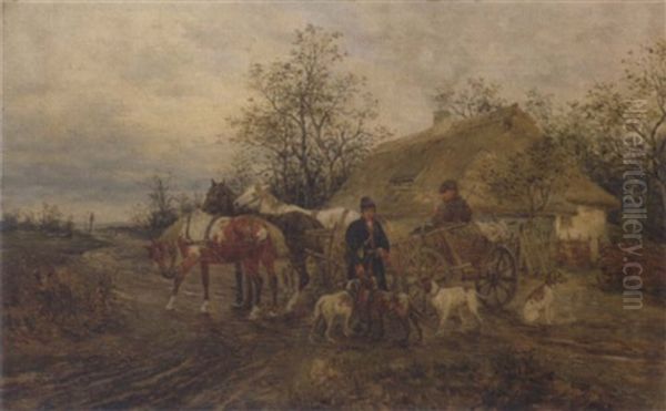 Pferdefuhrwerk Mit Bauern Und Hunden Vor Einem Bauernhaus - view 1