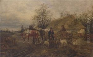Pferdefuhrwerk Mit Bauern Und Hunden Vor Einem Bauernhaus by Ludwig Gedlek