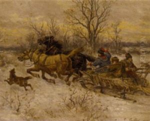 Hunters On The Scent In A Winter Landscape by Ludwig Gedlek