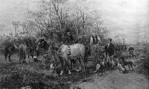 Hungarian Sportmen And Dogs Resting During The Hunt by Ludwig Gedlek
