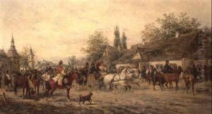 Kutschenfahrt In Einem Ungarischen Dorf by Ludwig Gedlek
