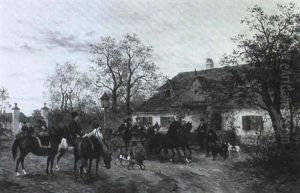 Eine Jagdgesellschaft Kehrt Mit Ihrer Beute Auf Den Gutshof Zuruck by Ludwig Gedlek
