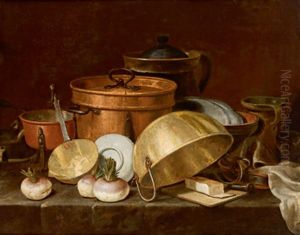Zwei Stillleben Mit Kuchengeschirr Aus Kupfer Und Messing Sowie Tellern Mit Fleisch Und Wursten (pair) by Thomas Friedrich Gedon