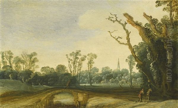 A Wooded Landscape With Figures On A Path Crossing A Bridge, A Village And A Church Spire Beyond - view 1