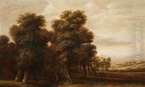 A Wooded Landscape With Travellers by Jacob van Geel