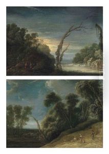 A Wooded, River Landscape With A Watermill And A Bridge (+ A Wooded Landscape With A Shepherd And Other Figures On A Path In The Foreground; Pair) by Jacob van Geel