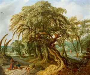 Bewaldete Landschaft Mit Einer Machtigen Baumgruppe In Der Bildmitte, Links Unten Im Bild Der Prophet Elija Und Die Witwe Von Sarepta
