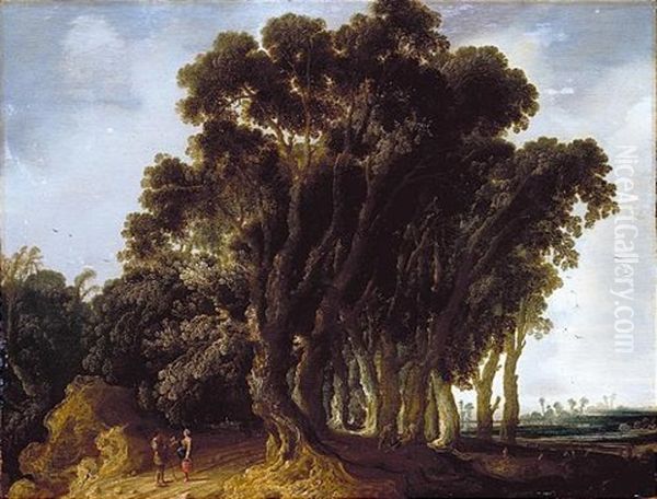 A Wooded Landscape With Travellers Resting, A Shepherd Tending His Flock Beyond - view 1