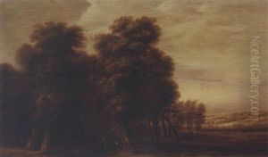 A Wooded Landscape With Travellers On A Path by Jacob van Geel