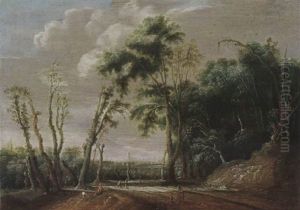 A Wooded Landscape With Figures On A Path And A Shepherd Resting With His Flock, A View Of A Valley With A Town Beyond A Wooded Landscape With Figures On A Path And A Shepherd Resting With His Flock, A View Of A Valley With A Town Beyond