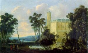 An Extensive Landscape With A Moated Castle And Figures On A Path