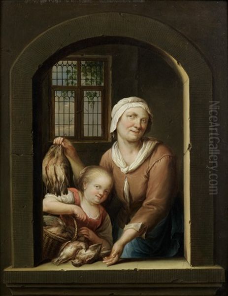 A Woman And Child With Birds, At An Arch - view 1
