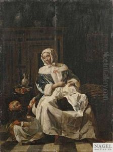 Mutter Und Tochter In Niederlandischem Stubeninterieur by Joost van Geel