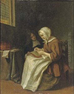 A Young Woman Doing Needlework With An Admirer Nearby by Joost van Geel