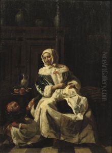 A Woman Seated In A Chair Sawing by Joost van Geel