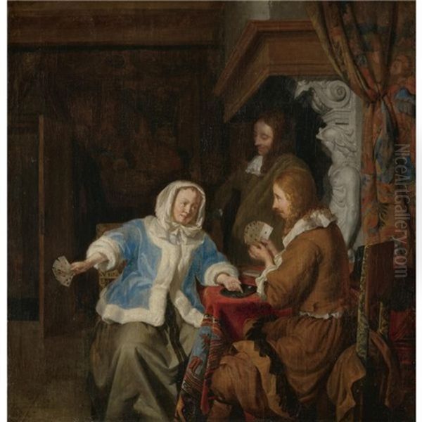 A Couple Playing Cards In An Interior, Observed By A Second Man - view 1