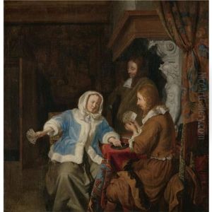 A Couple Playing Cards In An Interior, Observed By A Second Man by Joost van Geel