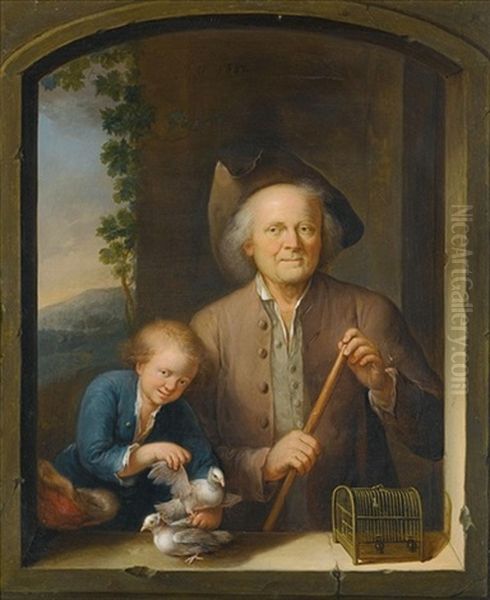 An Elderly Gentleman And A Young Boy In An Archway, Together With Two Doves And A Bird Cage - view 1