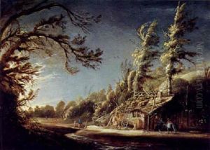 Bewaldete Fluslandschaft Mit Einer Hutte Und Bauern