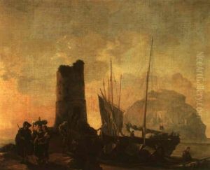 Peddler Selling His Wares While Fishermen Unload Ships Behind by Joost van Geel