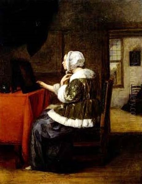 A Lady Seated Before Her Mirror In An Interior, A View To Another Room Beyond - view 1