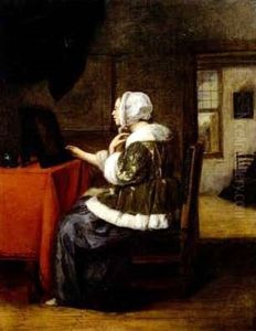 A Lady Seated Before Her Mirror In An Interior, A           View To Another Room Beyond by Joost van Geel