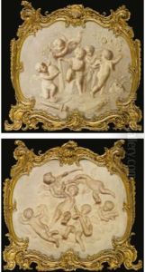 The Infant Hercules With Putti Carrying Musical Instruments, A Quiver And A Laurel Wreath; The Infant Hercules With Putti Carrying A Helmet And A Laurel Wreath, With Flowers, A Quiver And An Antique Mask (pair) by Marten Jozef Geeraerts