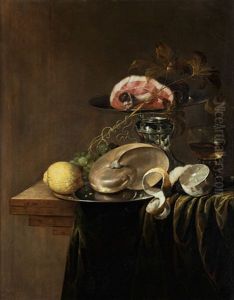 Grosses Prunkstillleben Mit Nautilusmuschel, Zitronen Und Schinkenstuck In Einer Tazza by Jasper Geerards