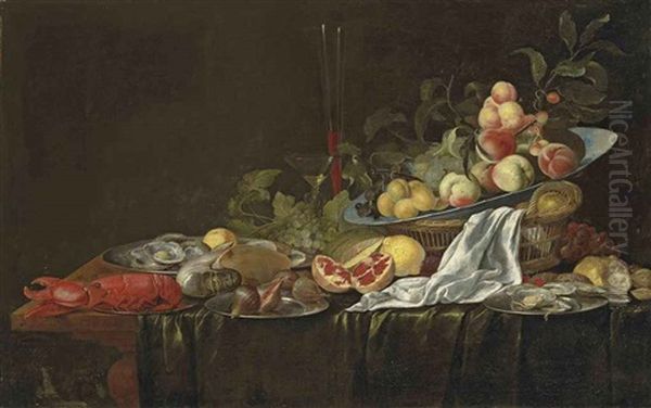 A Lobster, A Nautilus, Figs, Oysters, A Split Pomegranate, A Porcelain Bowl With Plums, Peaches And Grapes In A Basket, Glasses And A White Cloth, On... - view 1