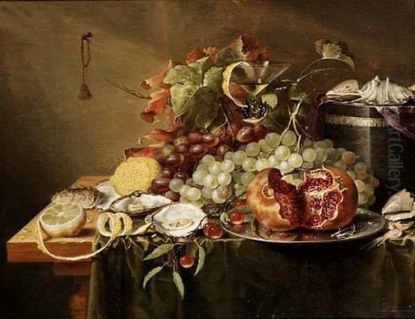 Lemons, Oysters, Grapes, A Pomegranate On A Silver Plate With Shells On A Velvet Box On A Table Draped With A Green Cloth - view 1