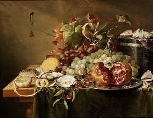 Lemons, Oysters, Grapes, A Pomegranate On A Silver Plate With Shells On A Velvet Box On A Table Draped With A Green Cloth by Jasper Geerards