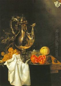 A Still Life With A Silver Ewer, A Pomegranate On A Pewter Plate, An Overturned Roemer And Grapes, All On A Wooden Table