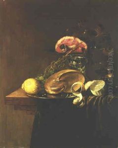 Still Life Of A Nautilus Shell, A Leg Of Lam On A Tazza, A Roemer, A Bunch Of Grapes And A Peeled Lemon On A Table